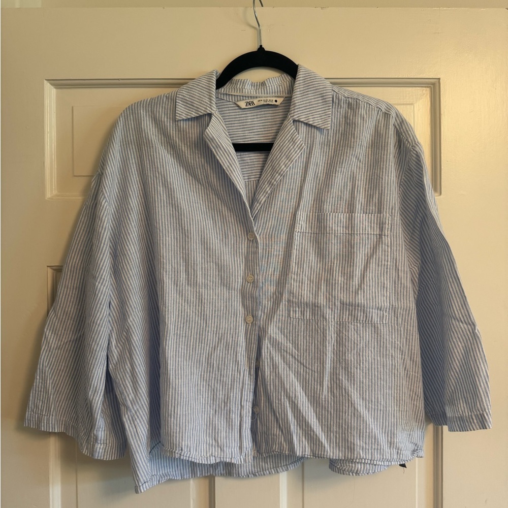Zara Linen Blue Pinstripe Shirt